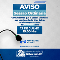 Sessão Ordinária acontecerá no dia 12 de Julho